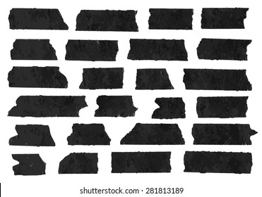Set of horizontal and different size black sticky tape,adhesive pieces, torn paper on white background.  Can write text, alphabet letters and other symbols. Vector illustration