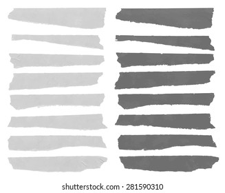 Set of horizontal and different size sticky tape,adhesive pieces, torn paper on white background. Vector illustration