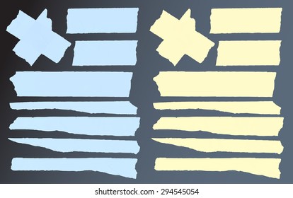 Set of horizontal and different size sticky tape,adhesive pieces on black background