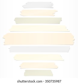 Set of horizontal and different size sticky tape, adhesive pieces on white background