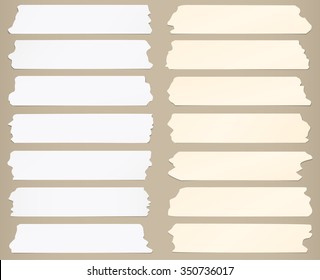 Set of horizontal and different size sticky tape, adhesive pieces on brown background
