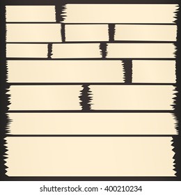 Set of horizontal and different size sticky tape, adhesive pieces on black background