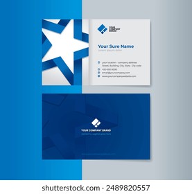 A set of horizontal double-sided business card template designs with Blue illustration of a folded ribbon in the shape of a five-sided star on white gradation background