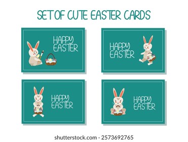 Set of horizontal Easter cards with cute cartoon bunnies holding baskets of colorful eggs and happy Easter lettering for design of cards, banners, invitations