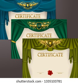 Set of horizontal elegant templates of diploma gold lace ornament, ribbon, wax seal, shield, drapery fabric, place for text. Certificate of achievement, education, award, winner Vector illustration