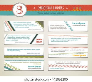 Set of horizontal embroidery banners. Vector high detailed colorful stitches. There is place for your text on white background.
