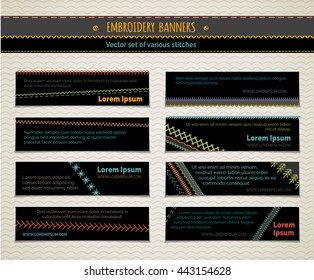 Set of horizontal embroidery textile banners. Vector high detailed colourful stitches on black background. There is place for your text.