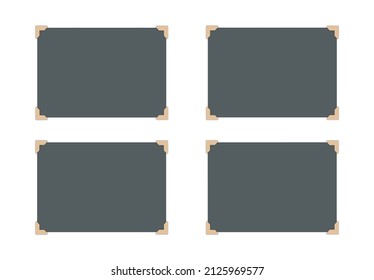 Set of horizontal empty pages for photos. Black vintage photo cards with beige corners. Vector realistic Mockup for scrapbooking, presentation. Blank template on white background. EPS10.