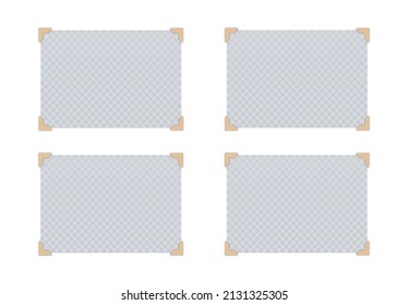 Set of horizontal empty papers, pages,  photo cards with beige corners. Vector realistic Mockup for scrapbooking, presentation. Blank template on white background. EPS10.