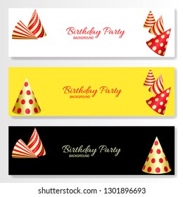 Set of horizontal festive banners. Red and golden birthday party hats. Vector EPS10