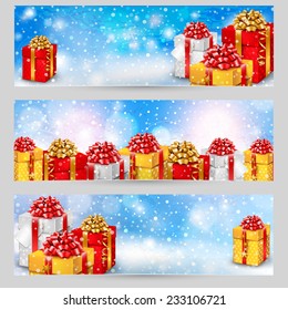 Set of horizontal festive winter banners with gift boxes