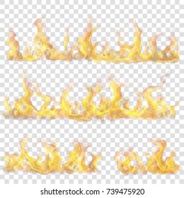 Set of horizontal fire flame on transparent background. For used on light backgrounds. Transparency only in vector format