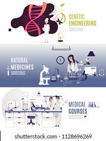 set of horizontal flat vector banner. Genetic DNA engineering, natural medicine, medical courses for doctors and researchers. Scientific center of biology, in blue shades scales, 