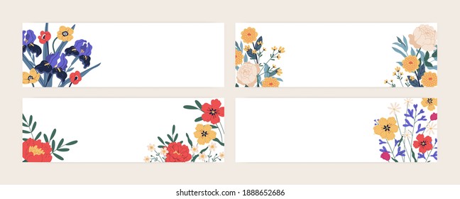 Set of horizontal floral card templates or banners with place for text. Collection of backdrops with elegant blooming flowers on white background. Colorful flat vector illustration.