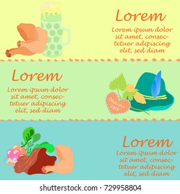 Set with  Horizontal Flyers to Oktoberfest Festival with Space for Text and Traditional Oktoberfest Food and Symbols. Soft Yellow, Green and Blue Background Colors. Vector EPS 10