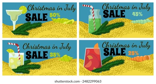 Set of horizontal flyers templates for Christmas in July sales, bright summer drinks and sprigs of pine needles on the beach vector illustration