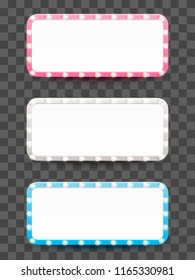 Set of horizontal  frames with shining light bulbs