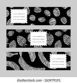 Set of Horizontal Fruit Banners. Harvest berry ornaments. Scratched plum strawberry and banana flyer series. Vector Illustration for print or leaflet. Healthy lifestyle Cards Series.