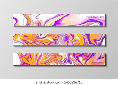 Set of horizontal full banners for web. Abstract marble texture with neon purple colors