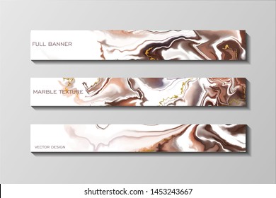 Set of horizontal full banners for web. Abstract marble texture with brown colors and gold splashes