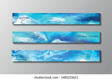 Set of horizontal full banners for web. Abstract marble texture with blue colors and sea texture