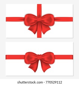 Set of horizontal gift cards with luxury red bows. Decorative gift bows with satin ribbons for wrapping, frames, banner, invitation. Vector