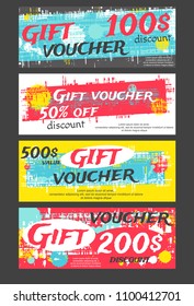 Set of horizontal gift voucher, label, coupon, sticker with inscriptions in grunge style. In blue, red, yellow and dark grey colors. Template for decoration, congratulation, invitation. EPS8