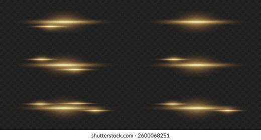 Set of horizontal glare and laser beams. Light sparkle effects.