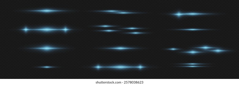 Set of horizontal glare, light effect of laser lines.