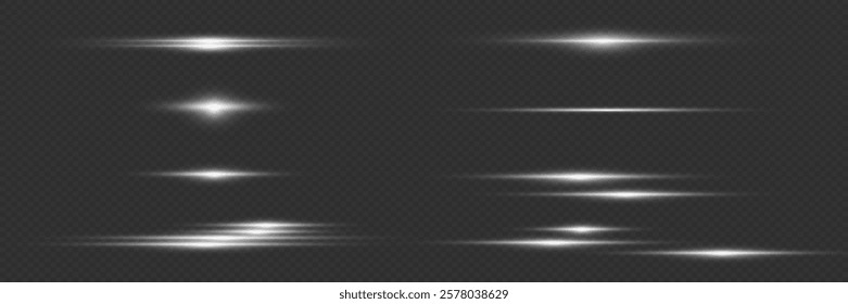 Set of horizontal glare, light effect of laser lines.