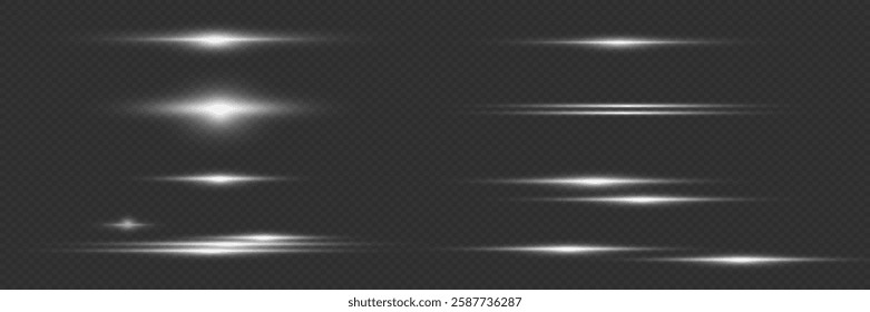 Set of horizontal glare, light effect of laser lines.