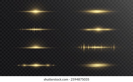 Set of horizontal glow bright golden rays light effect isolated on transparent background. Vector

