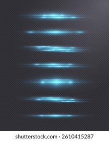 Set of horizontal glowing blue highlights and reflections on transparent background. Vector for UI effects or decorative glowing accents.
