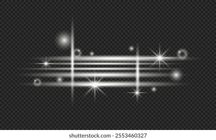 Set of horizontal glowing lines, light glare and laser beams. Vector illustration