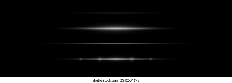 
Set of horizontal glowing rays and glare of light, neon line on a black background. Vector illustration