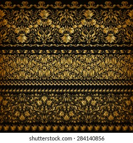 Set of horizontal golden lace pattern, decorative elements, borders for design. Seamless floral ornament. Page decoration. Vector illustration EPS 10.