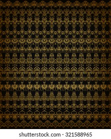 Set of horizontal golden lace pattern, decorative elements, borders for design. Seamless hand-drawn floral ornament on black background. Page, web site decoration. Vector illustration EPS 10.