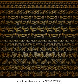 Set of horizontal golden lace pattern, decorative elements, borders for design. Seamless hand-drawn floral ornament on black background. Page, web site decoration. Vector illustration EPS 10.