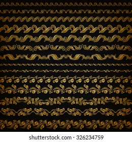 Set of horizontal golden lace pattern, decorative elements, borders for design. Seamless hand-drawn floral ornament on black background. Page, web site decoration. Vector illustration EPS 10.