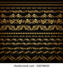 Set of horizontal golden lace pattern, decorative elements, borders for design. Seamless hand-drawn floral ornament on black background. Page, web site decoration. Vector illustration EPS 10.