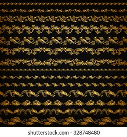 Set of horizontal golden lace pattern, decorative elements, borders for design. Seamless hand-drawn floral ornament on black background. Page, web site decoration. Vector illustration EPS 10.