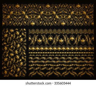 Set of horizontal golden lace pattern, decorative elements, borders for design. Seamless hand-drawn floral ornament on black background. Page, web site decoration. Vector illustration EPS 10.