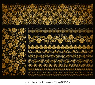 Set of horizontal golden lace pattern, decorative elements, borders for design. Seamless hand-drawn floral ornament on black background. Page, web site decoration. Vector illustration EPS 10.
