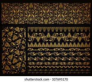 Set of horizontal golden lace pattern, decorative elements, borders for design. Seamless hand-drawn floral ornament on black background. Page, web site decoration. Vector illustration EPS 10.