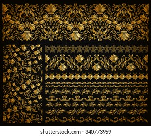 Set of horizontal golden lace pattern, decorative elements, borders for design. Seamless hand-drawn floral ornament on black background. Page, web site decoration. Vector illustration EPS 10.