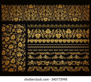 Set of horizontal golden lace pattern, decorative elements, borders for design. Seamless hand-drawn floral ornament on black background. Page, web site decoration. Vector illustration EPS 10.