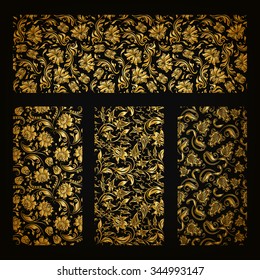 Set of horizontal golden lace pattern, decorative elements, borders for design. Seamless hand-drawn floral ornament on black background. Page, web site decoration. Vector illustration EPS 10.
