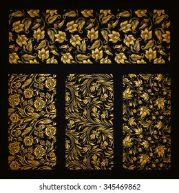 Set of horizontal golden lace pattern, decorative elements, borders for design. Seamless hand-drawn floral ornament on black background. Page, web site decoration. Vector illustration EPS 10.
