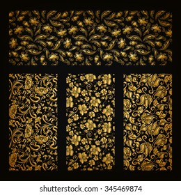 Set of horizontal golden lace pattern, decorative elements, borders for design. Seamless hand-drawn floral ornament on black background. Page, web site decoration. Vector illustration EPS 10.