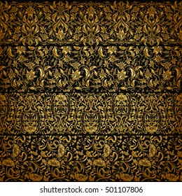 Set of horizontal golden lace pattern, decorative elements, borders for design. Seamless hand-drawn floral ornament on black background. Page, web site decoration. Vector illustration EPS 10.